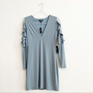 Express Women's Long Sleeve Sheath Dress Swiss Dot Ruffle V-Neck Blue Small NWT